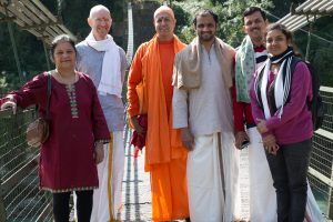 Saraswati, Eddie, Swami Janardananda, Sharath, Lakshmeesh and Usha on the bridge at Netala, Uttarkashi. October 15, 2015. ©robertmoses