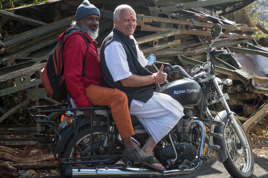 Swami Hariomananda and Robert Moses going nowhere on Om Prakash's Royal Enfield. Uttarakhand, Himalayas. October 17, 2015. ©robertmoses